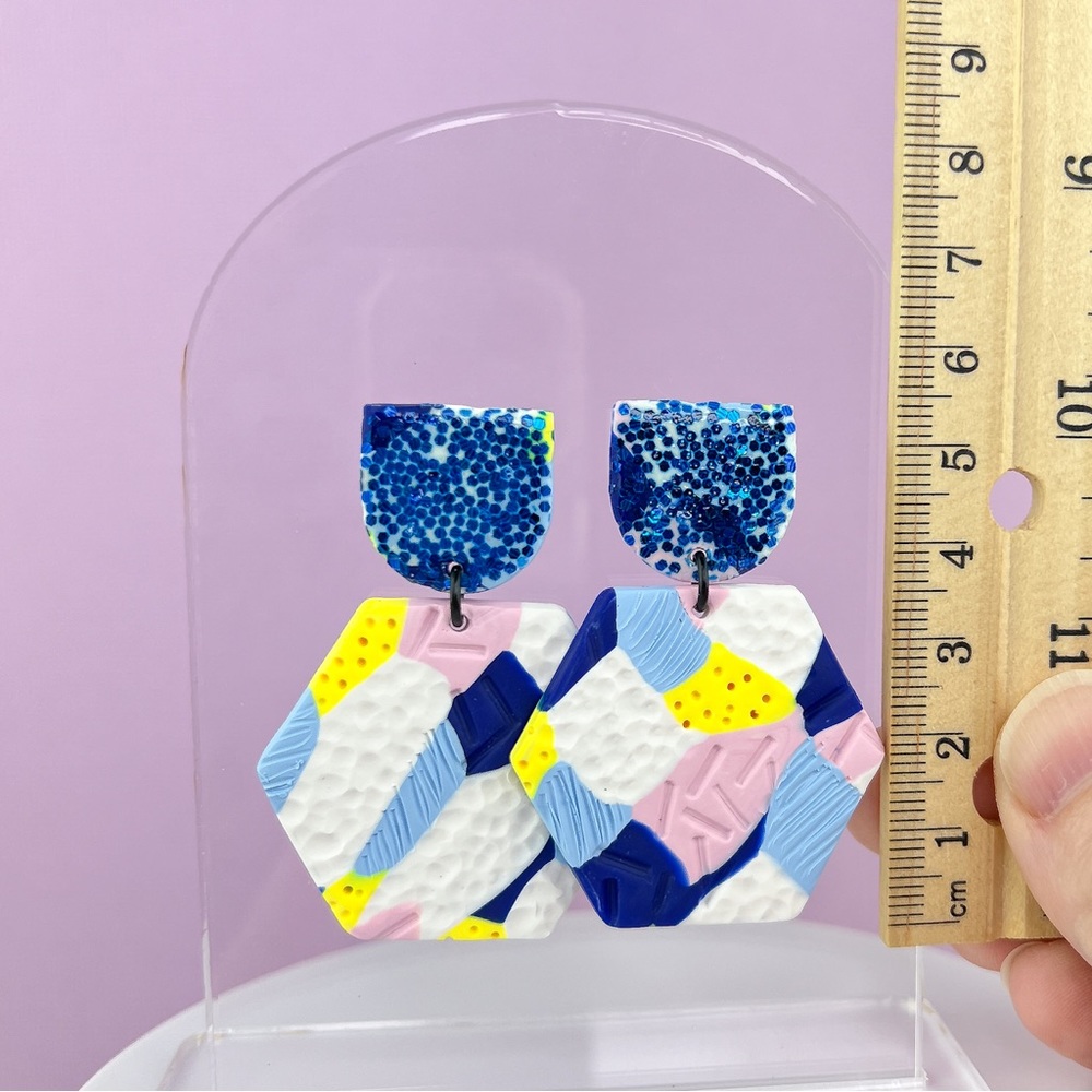 Abstract Textured Design Glitter Hexagon Dangle Handmade Clay Earrings - Picture 9 of 11